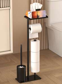 1 pieza Soporte de pie para cepillo de inodoro, Estantería de almacenamiento multifuncional para vehículo recreativo, Portarollos de papel higiénico vertical con estantería de almacenamiento, Estantería de almacenamiento de papel de cocina sin perforación para baño, Estantería de limpieza del piso desmontable con soporte para rollo de papel higiénico