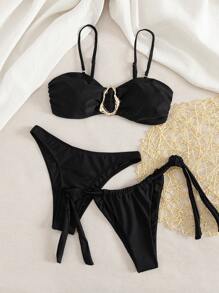 3件套女士性感纯色高腰沙滩比基尼套装，欧美风格，夏季海滩 - 黑色 - 查看 1