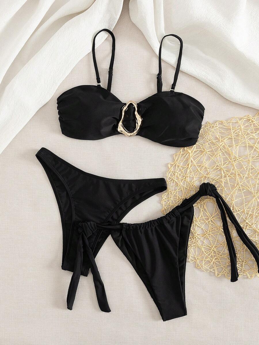 3件套女士性感纯色高腰沙滩比基尼套装，欧美风格，夏季海滩 - 黑色 - 查看 1