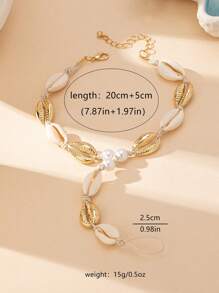 1 件贝壳珍珠链脚链，欧美流行海洋度假风格脚趾环，贝壳和钻石吊坠数量随机