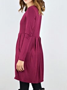 Boho Retro Rayon Cool Soft Summer Cuff Short Sleeve Crew Neck T Shirt Mini Dress Tunic With Pockets - 紅色 - 查看 2