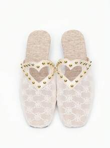 Green & Gold Decor Square Toe Slip-On Low Heel Flat Sandals For Women, Mesh Breathable Closed Toe Mules, Lace Net Fabric, Wear With Dresses, Casual Summer Slippers