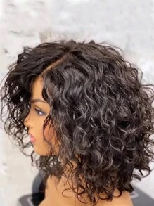 180% 密度短卷发人发假发 适合女孩 4x4 蕾丝闭合短波波头假发 带自然发际线 自然黑色侧分卷发假发 巴西处女雷米头发 预拔漂白结