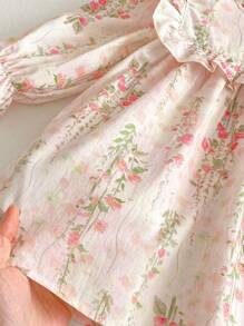 春季花朵图案女童连衣裙，休闲舒适，优雅年轻女士，粉色 - 粉色 - 查看 7