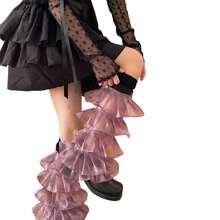 Women's Leg Warmers With Lace And Patchwork Ruffles, Thigh-High Socks, Streetwear Boot Covers - 黑紫 - 查看 5