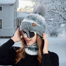 Women Winter Beanie Hat Circle Scarf Set Pompoms Peruvian Ski Snow Ear Flaps Sherpa Knit Hats Fleece Lined