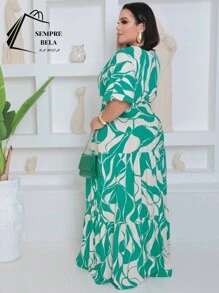 Plus Size V-Neck Long Short Sleeve Dress - Ước tính Cờ Xanh. - Xem 2