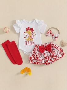 Baby Girls Summer Outfits Short Sleeve Letter Romper With Baseball Print Skorts And Headband And Socks Set - White - View 1