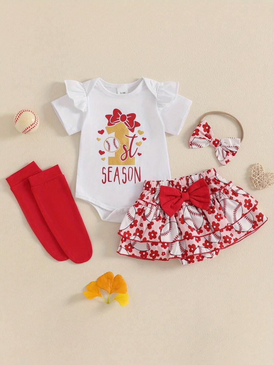 Baby Girls Summer Outfits Short Sleeve Letter Romper With Baseball Print Skorts And Headband And Socks Set - White - View 1