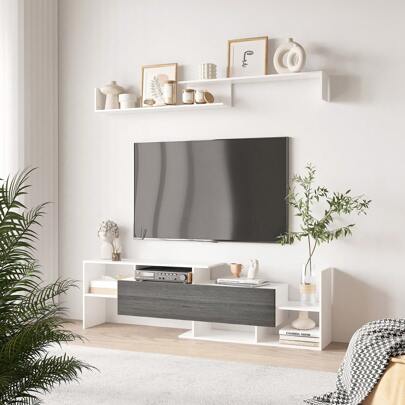 HOMCOM Modern TV Cabinet With Wall Shelf, TV Unit With Storage Shelf And Cabinet, For Wall-Mounted 65" TVs Or Standing 40" TVs, White And Grey