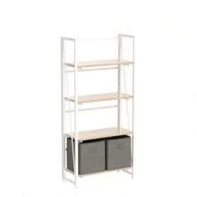 No-Assembly Folding Bookshelf Storage Shelves 4 Tiers Vintage Bookcase Standing Racks Study Organizer Home Office (Natural And White)