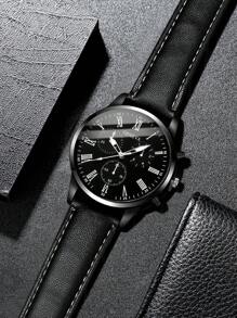 1 Stück Herrenleder Gürtel Lässig Sport Römische Skala Klassische Quarz Armbanduhr, ohne Uhrenetui