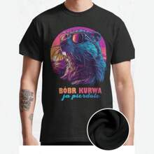 Synthwave Polish Beaver Meme Ja Pierdole "Bobr Bober Kurwa" Classic Fun Men's Short Sleeved Personalized Comfortable Pattern T-Shirt Series Shirt - màu đen - Xem 1