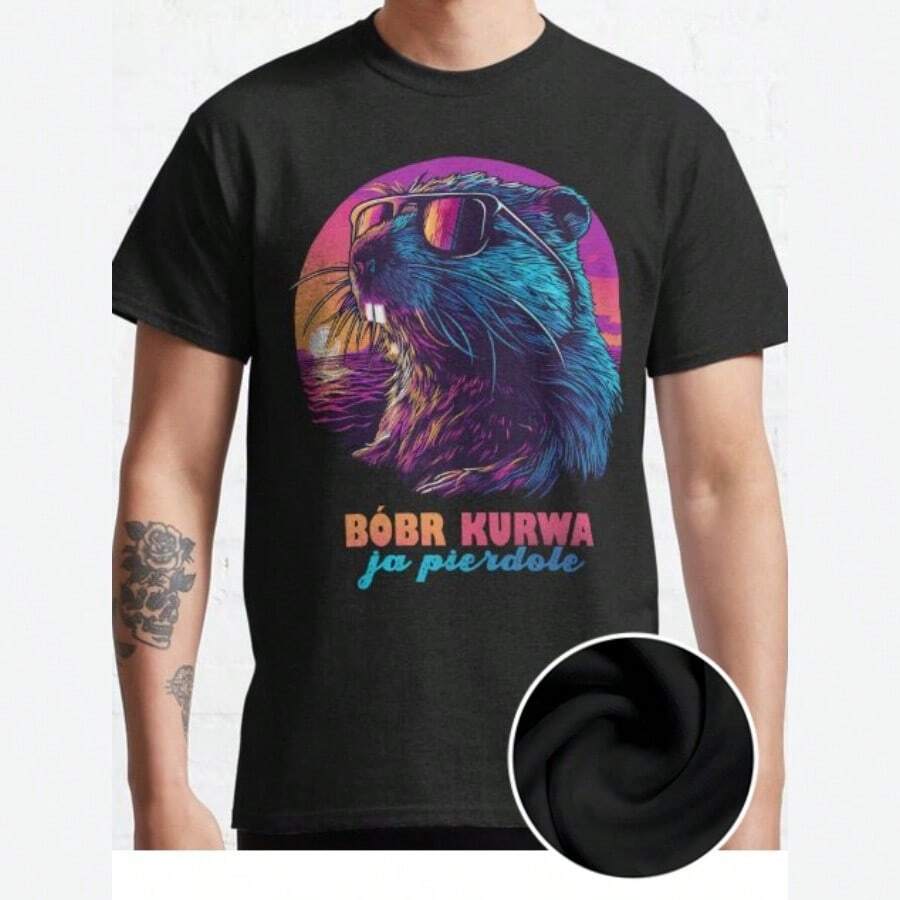 Synthwave Polish Beaver Meme Ja Pierdole "Bobr Bober Kurwa" Classic Fun Men's Short Sleeved Personalized Comfortable Pattern T-Shirt Series Shirt - màu đen - Xem 1