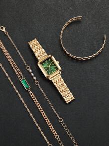 5 pièces/set Montre-bracelet à quartz avec cadran carré pour femme avec bracelet en acier + bracelet, design classique, sans boîte de montre incluse