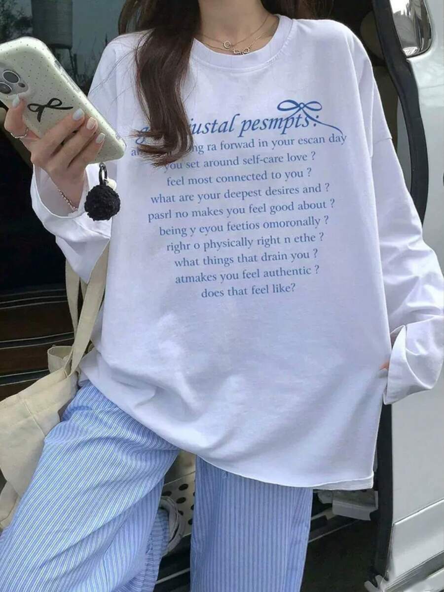 女式休闲字母印花长袖 T 恤,宽松百搭,春季 - 白色 - 查看 1