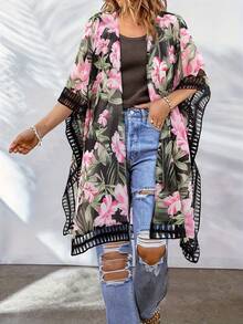Plus Size Floral Print Side Split Open Front Cover Up Kimono, For Summer Beach Vacation - Multicolor - View 3