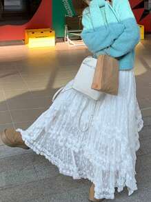 French Style Lace Flare Ruffle Skirt, High Waist Slimming Fairy Multilayer Asymmetrical Ditsy Floral - White - View 3