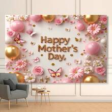 1pc Happy Mother's Day Background Banner, Polyester Material, Mother's Day Floral Butterfly Design, Party Photography Banner, Suitable For Party Home Decor, Mother's Day Gift, Party Banner For Mom, Universal Theme, No Electricity Required