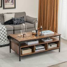 Industrial  Coffee Table Wooden Cocktail Center Table With Storage Shelf - Coffee Brown - View 3