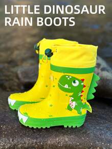 Boys' Dinosaur Pattern Reflective, Slip-Resistant, Waterproof, And Lightweight Rubber Rain Boots With Drawstring Closure, All Seasons - Yellow - View 2