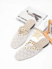 Green & Gold Decor Square Toe Slip-On Low Heel Flat Sandals For Women, Mesh Breathable Closed Toe Mules, Lace Net Fabric, Wear With Dresses, Casual Summer Slippers