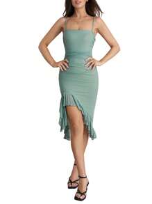 Women Summer Midi Cami Dress Sleeveless Backless Irregular Ruffle Hem Ruched Dress - Green - View 2