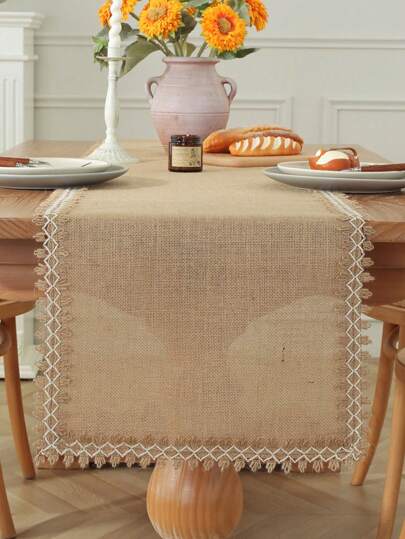 1 件复古简约亚麻桌旗，乡村风格，农舍质朴亚麻粗麻布，配以优雅蕾丝花边，适用于茶桌、乡村婚礼、生日、感恩节、圣诞派对装饰、复古浪漫桌布、厨房必备品、隔热、家居装饰、家庭聚会、节日装饰、室内外派对和婚礼装饰。各种尺寸可供选择。