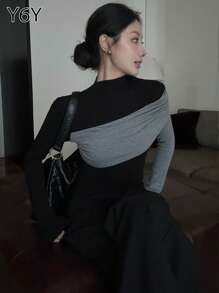 [Y6Y]女款秋季優雅高端T恤，黑灰配色拼接假領長袖修身短版上衣 - 黑色 - 查看 4