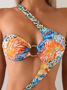 One-Piece Sexy Hollow Out Backless Leopard Print & Colorful Graphic Bikini, Suitable For Beach, Holiday, Camping And Vacation In Summer - Multicolor - View 4