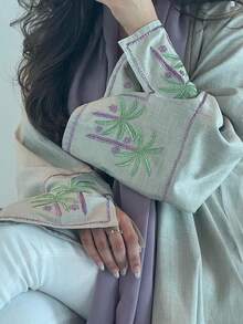 1 Piece Of Fashionable And Simple Coconut Palm Embroidery Splicing Cuffs Women's Dress Robe, Elegant Solid Color Long Dress Cardigan Long Dress Abaya Suitable For Festivals And Daily Life To Show Summer Style,Modest - Green - View 4