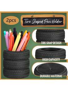 1/2pcs Creative Tire Pen Holder, Home Desktop Storage Ornament, Stationery And Makeup Brush Storage Box, Room Desk Creative Decoration, Suitable For Giving Gifts During The School Season, Desktop Decoration Birthday Graduation - Multicolor - View 6