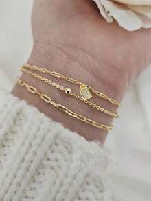 3pcs/Set Gold Layered Bracelet With Cross Chain, Wave Chain, Flat Cross, And Square Cubic Zirconia Pendant, Jewelry Gift For Women - Yellow Gold - View 1
