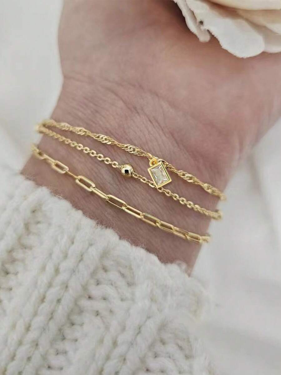 3pcs/Set Gold Layered Bracelet With Cross Chain, Wave Chain, Flat Cross, And Square Cubic Zirconia Pendant, Jewelry Gift For Women - Yellow Gold - View 1
