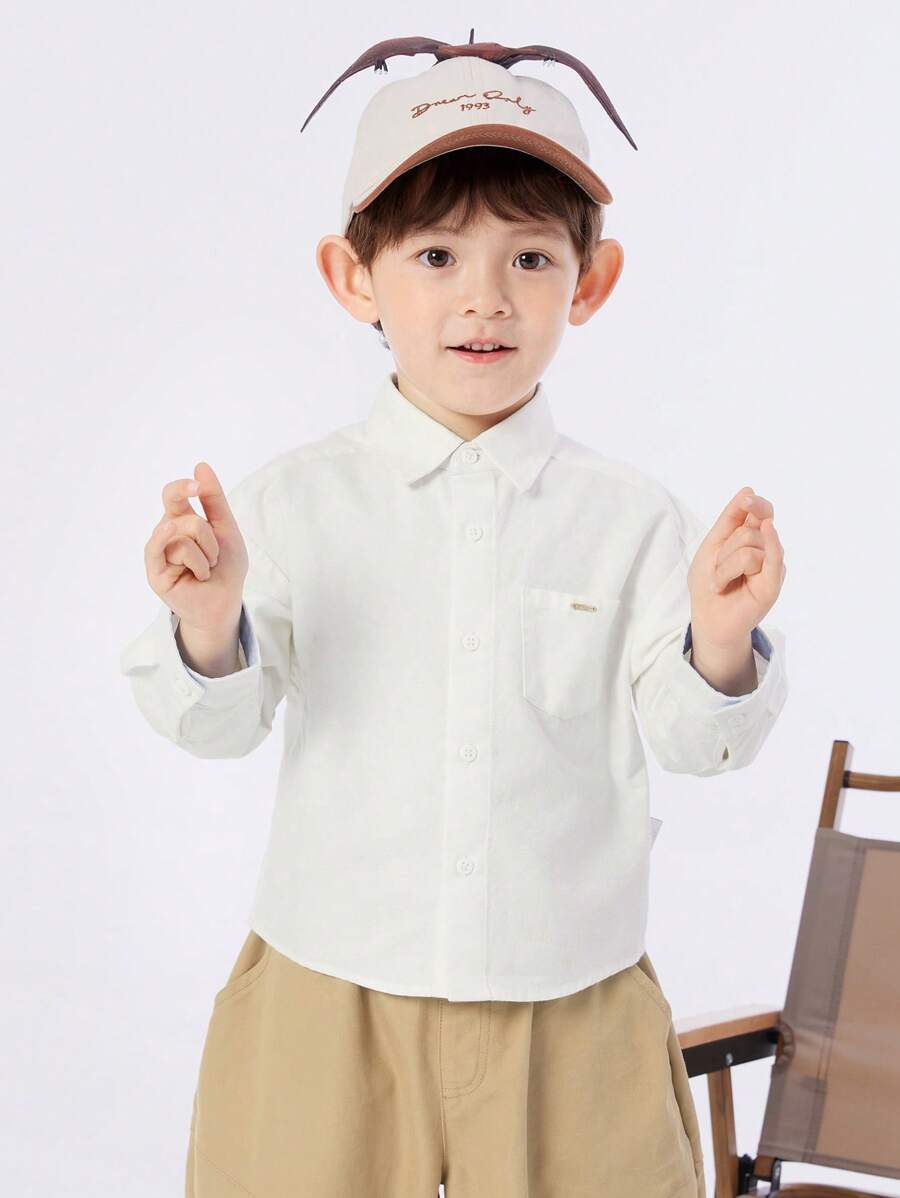 Balabala Young Boys Button-Up Shirt, Classic Preppy Style - Original White - View 1