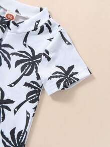 Baby Boys Rash Guard Swimsuit, Cute Shark/Tree Print Short Sleeve Zip Up Swimwear - White - View 2