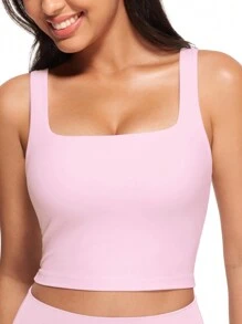 KAHULE Cute Double Layer Seamless Slim Fit Tank Tops Women's Square Neck Sleeveless Crop Tops - 粉色 - 查看 1