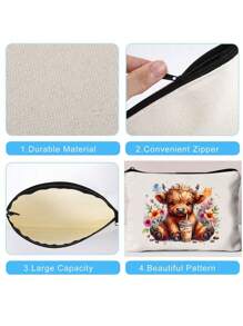 1 件可爱奶茶高地牛印花美容包，大容量轻便拉链收纳袋（拉链方向随机），适合作为男士和女士旅行洗漱包，完美的节日礼物，送给朋友的礼物，波西米亚风