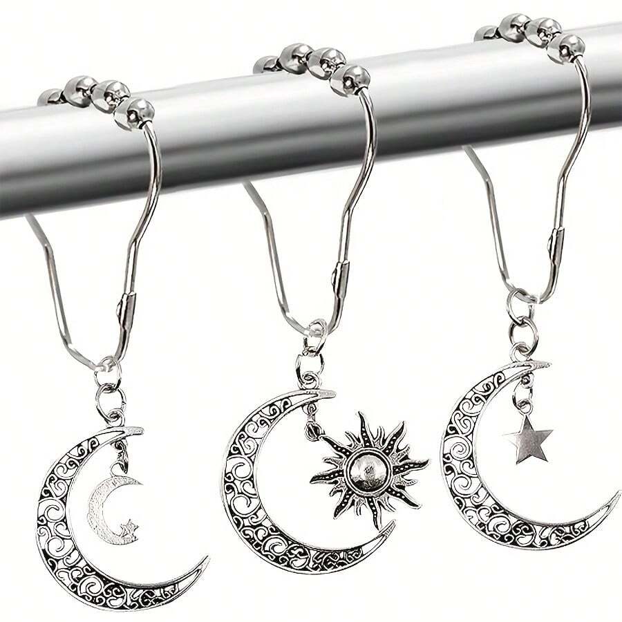 12 Star Moon Sun Shower Curtain Hooks - Curtain Shower Curtain Decorative Metal Hooks Happy Spring Fall Decor Bathroom Accessories Back To School Bathroom Decor - Silver - View 1