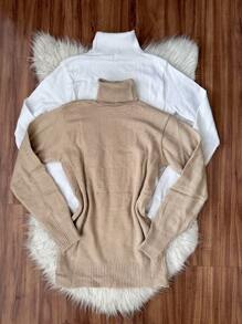 Kit2 Women's High Neck Blouse Long Sleeve Basic Knitted Cacharreu Plain Sueter - Branco Bege - View 2