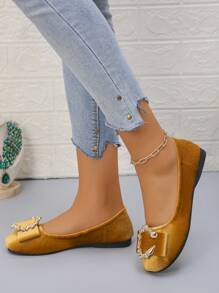 Elegant Round Toe Flat Shoes, Slip-On Fashion Bowknot Accent Ladies Shoes Fit For Everyday Wear, Spring/Autumn, Plus Size 36-43, Random Pattern - Golden Velvet-wreath Buckle - View 4