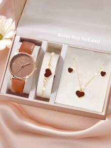 SOKI 5件套女士棕色PU表带休闲石英表套装，含心形项链、耳环、手链配饰，适合女士聚会、母亲节、生日佩戴或送给姐妹（不含礼盒） - 棕色 - 查看 2