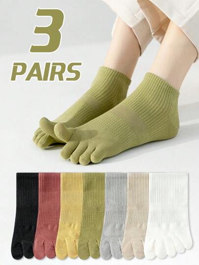 3 Pairs Women's Solid Colored Simple Breathable Socks, Moisture-Wicking, Anti-Odor, Athletic Split Toe Short Socks, Suitable For Spring, Summer, All Season