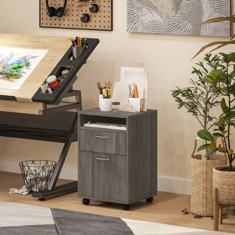 HOMCOM 60cm Filing Cabinet With Drawer, Open Shelf, Metal Handles And 4 Wheels, Office Home Organiser Mobile Printer, Grey - Grey - View 8