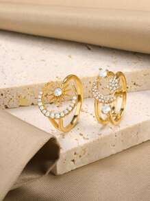 Gold Color Star Moon Zirconia Ring For Women Aesthetic Adjustable Open Finge Ring Jewelry Accessories ﻿