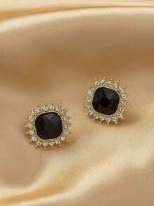 5pcs/Set Vintage Style Black Heart Flocked Bow Hollow Flower Petal Rhinestone Square Stud Earrings, Suitable For Women Everyday And Festivals Wear (No Box) - Set a - View 4