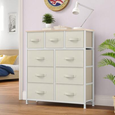 Kommode mit 9 Schubladen,Schrank,Stoffschubladen mit Griffen,Kommodenschrank mit Stabiler Stahlrahmen