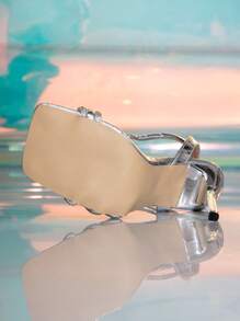 Fall/Winter 2025 Summer French Style Silver Rhinestone Square Toe High Heel Shoes, Stiletto Heel Fairy Banquet Ankle Strap Open Toe Sandals For Women,Sexy,Party - Silver - View 7