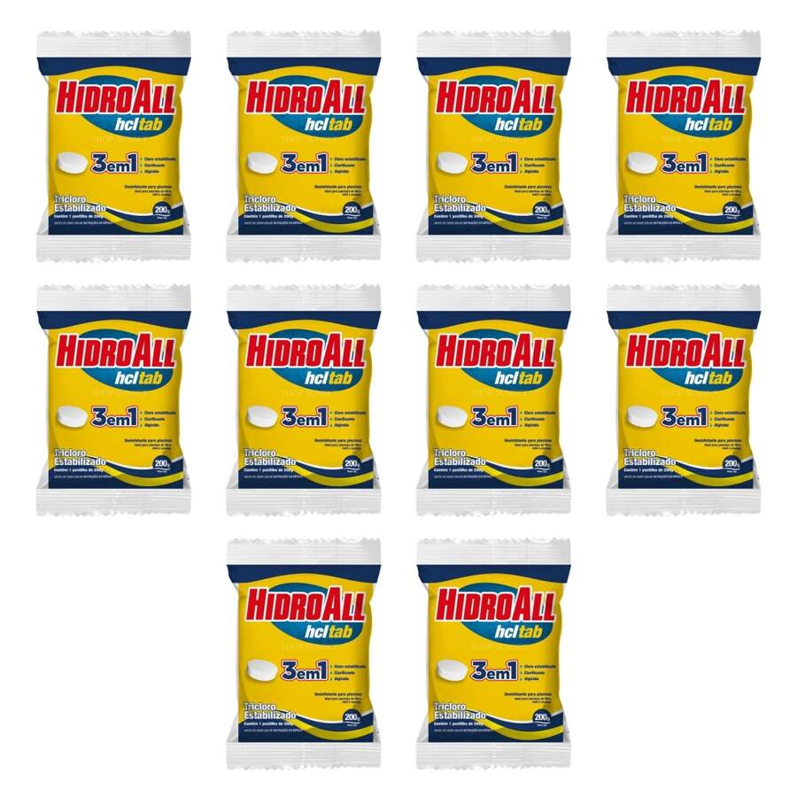 Kit 10 un Cloro em Pastilha 200g Hidroall para Piscina Limpeza e Manutenção para  Clorador Flutuante - Branco - Visão 1