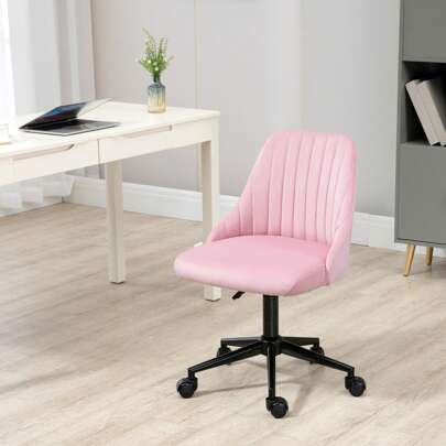  Vinsetto Armless Office Chair, Velvet Computer Desk Chair, Scallop Shape Swivel Chair With Adjustable Height And Wheels For Home Office Study Bedroom, Pink